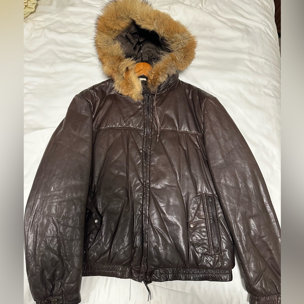 Vintage Lakeland leather hoodie with fur trim on the collar